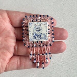 Handmade Beaded Cat Brooch OOAK Pink Crystal Glass Ceramic Tile Pin